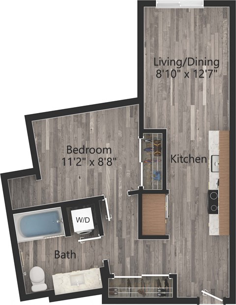 Floor plan for 1 bed, 1 bath, 645 sqft